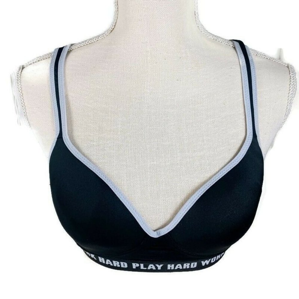 Love Affair Sports Bra 34C Black Gray Racerback Cut Out Accent